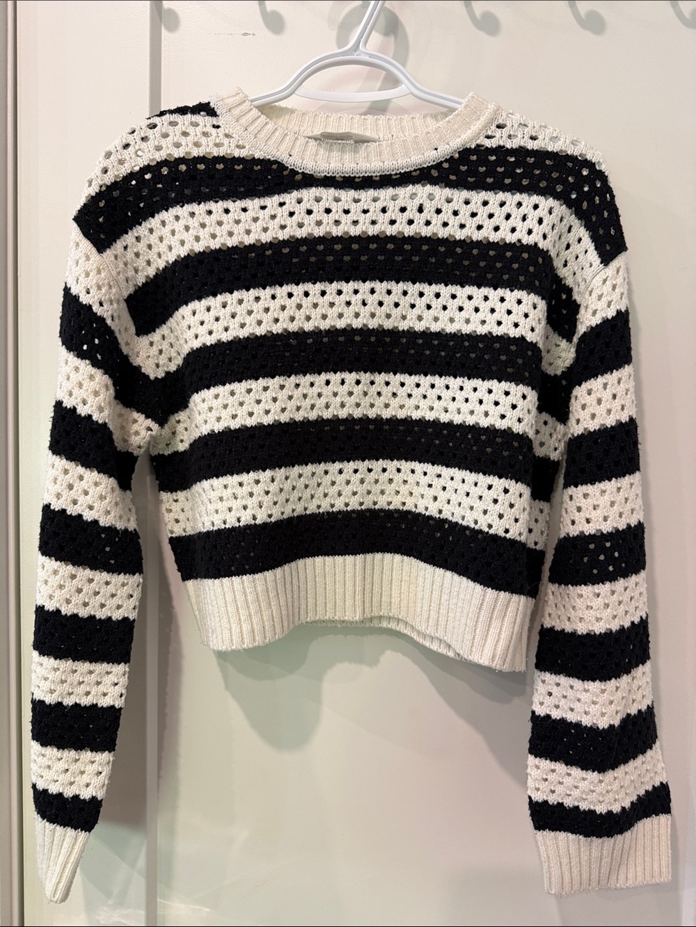 H&M Black & White Striped Open-Knit Crewneck Sweater